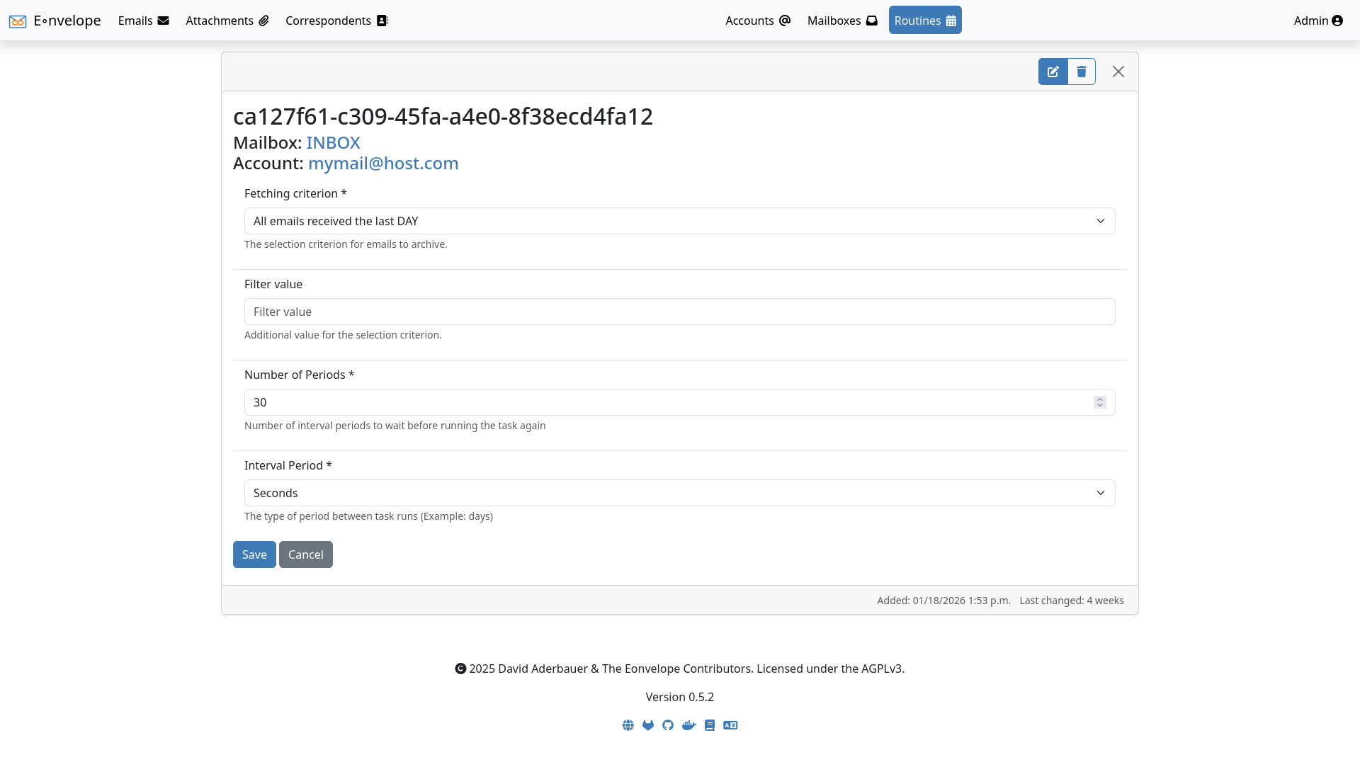 Screenshot of Eonvelope's email-archiving routine setup