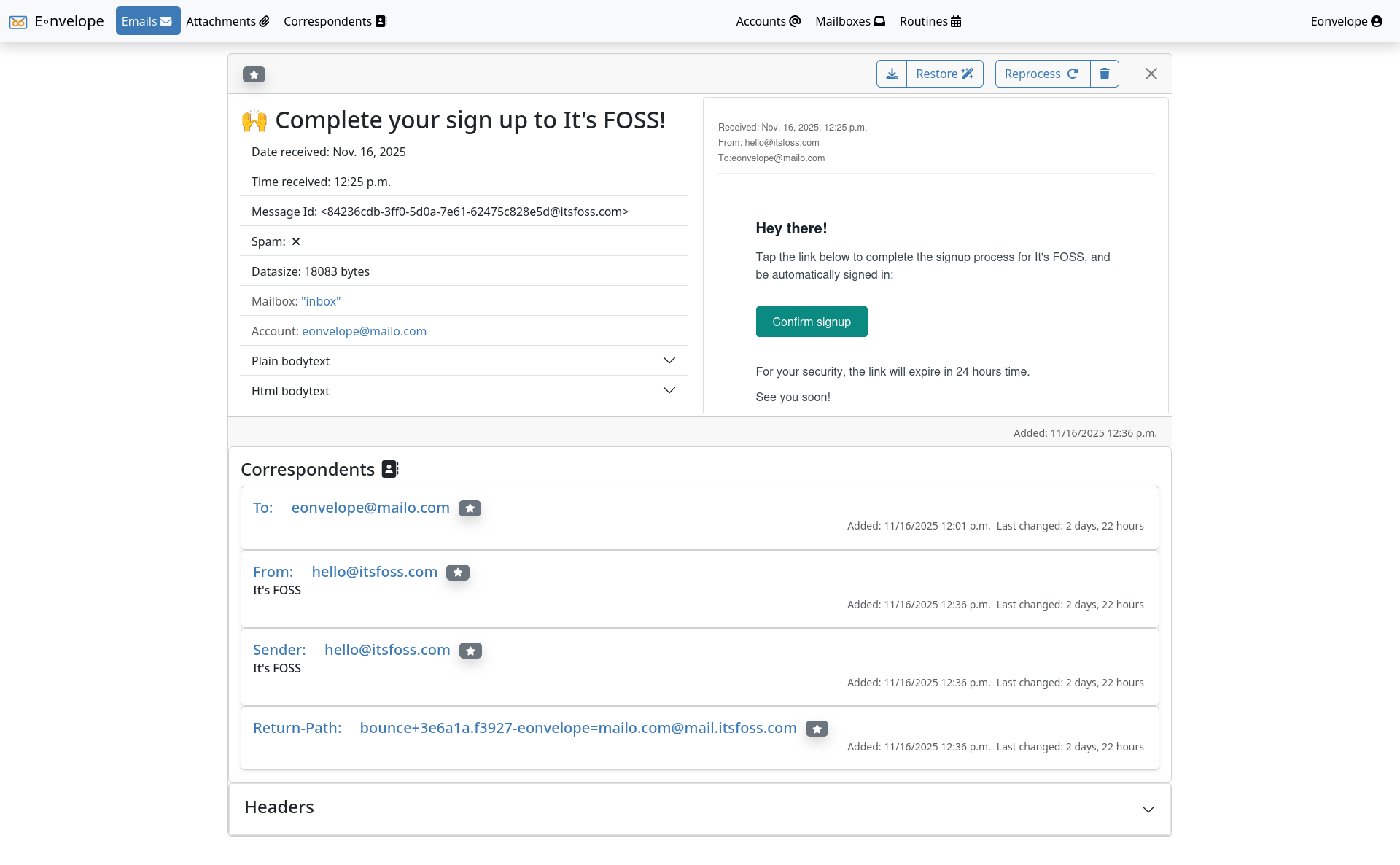 Screenshot of Eonvelope's email details page