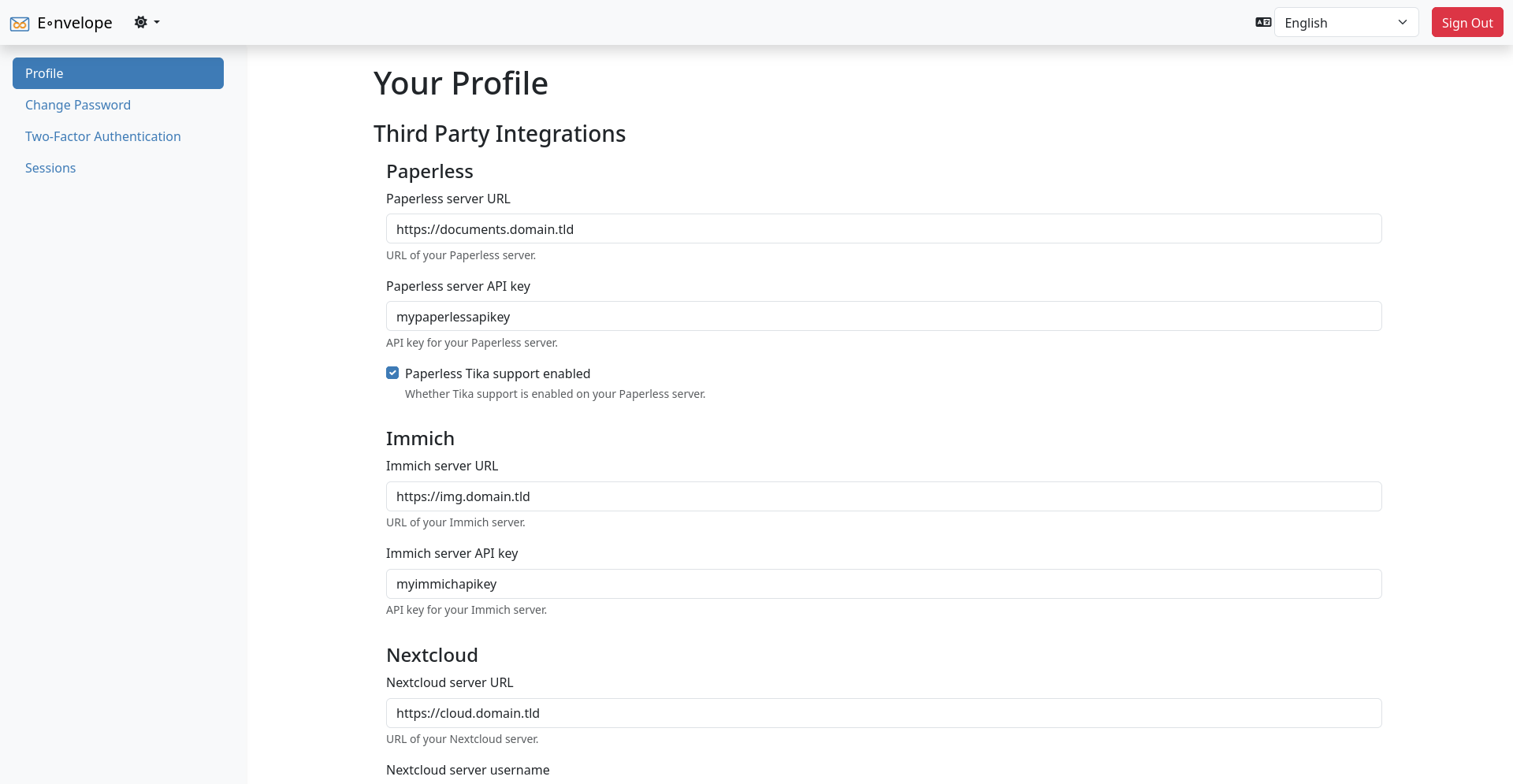 Screenshot of Eonvelope's user-based integrations setup